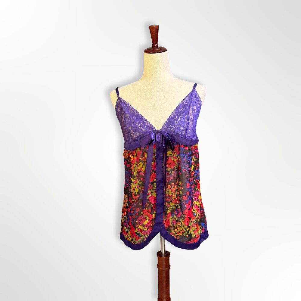 Vintage Purple Lace Floral Babydoll Nightie Negligee, L